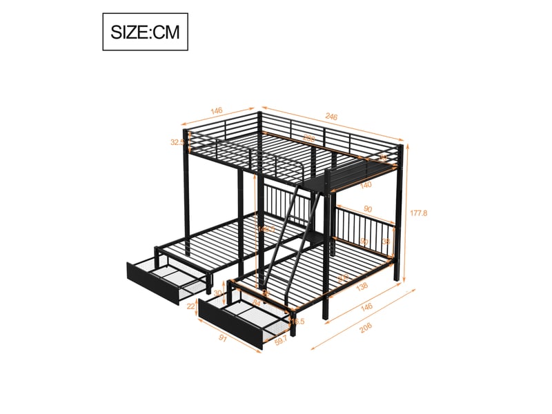  Lit superposé enfant 140x200 cm – noir – 3 couchages séparables, 2 tiroirs de rangement – sans matelas  - Conforama C