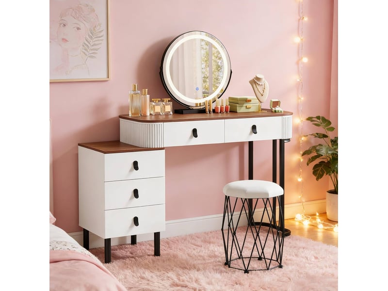 Coiffeuse bicolore avec miroir led, tabouret et 5 tiroirs - Conforama E