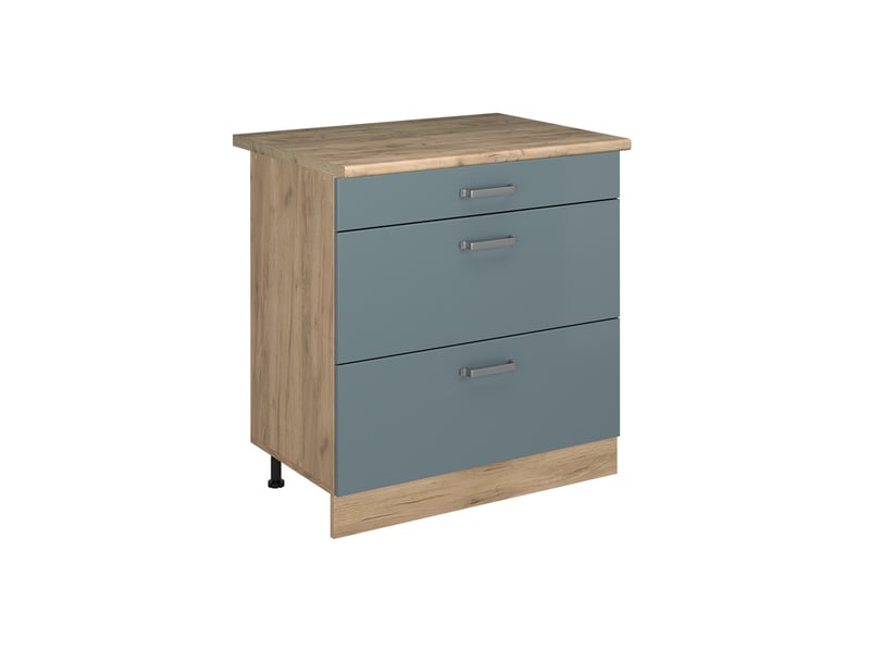 Vicco meuble cuisine, bleu-grischêne doré, 80cm avec 3 tiroirs plan de travail chêne doré  - Conforama A