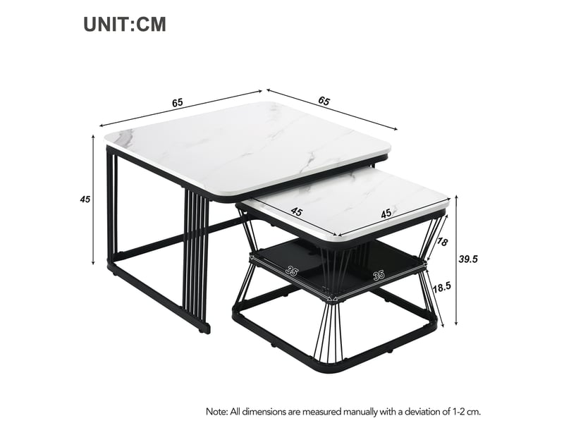 Table basse 2 pièces 65x65x45+45x45x39,5 cm mdf effet marbre(matériau non marbré), pieds acier noir mat, blanc - Conforama C