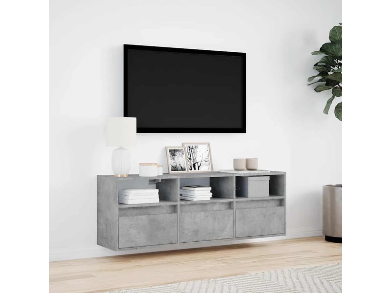  Meuble tv - banc tv - meuble de rangement mural avec lumières led gris béton 130x31x45 cm  - Conforama D