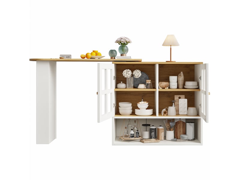  Meuble bar extensible 138 à 204 x 39 x 102,5 cm blanc en mdf, rotation à 360 degrés et rangements  - Conforama A