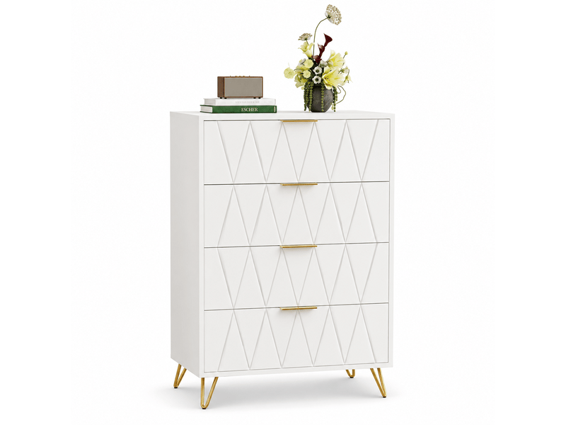  Commode avec 4 tiroirs, meuble à tiroirs avec pieds et poignées dorés, buffet blanc pour chambre à coucher, salon, couloir, 60 x 34 x 90 cm  - Conforama A