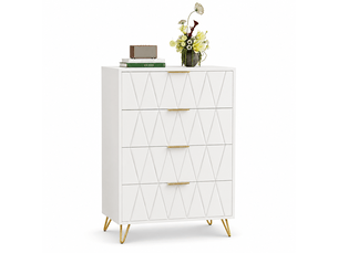 Commode avec 4 tiroirs, meuble à tiroirs avec pieds et poignées dorés, buffet blanc pour chambre à coucher, salon, couloir, 60 x 34 x 90 cm