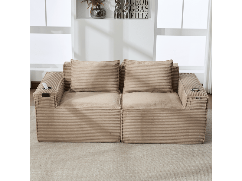  Canapé modulable 2 places avec porte-gobelets et poches - lpospi - ressorts, mousse, tissu côtelé kaki  - Conforama C