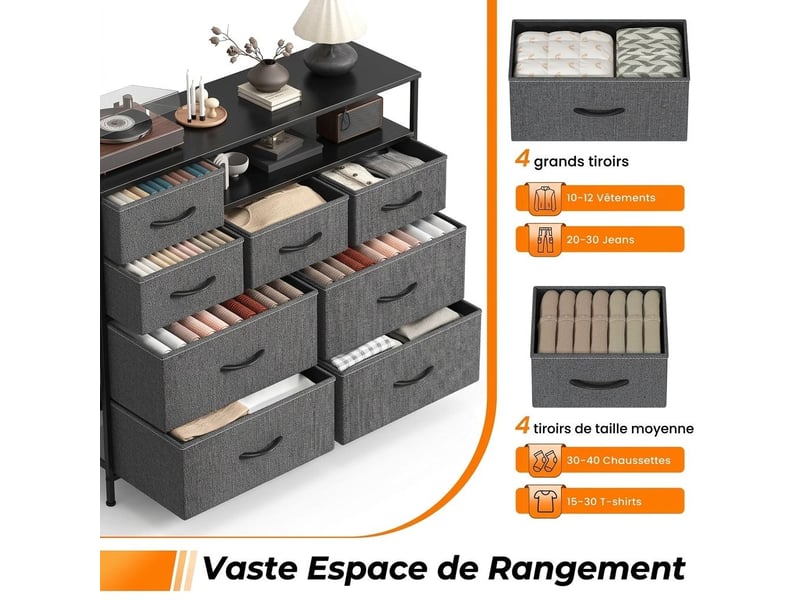  Commode chiffonnier 100x30x84 cm huit tiroirs tissu et niche ouverte gris fonce  - Conforama C