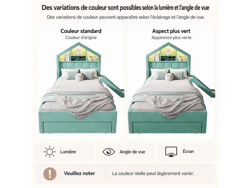  Lit enfant rembourré 90 x 200 cm avec toboggan, led, port de charge, rangement et coffre, bleu-vert  - Conforama D