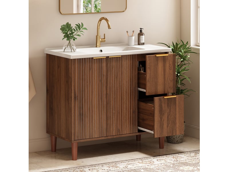  Meuble vasque salle de bains 91x47x87 cm, 2 portes, 2 tiroirs, coloris noyer  - Conforama B