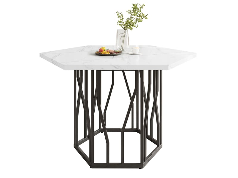  Table hexagonale moderne 115,5x100x75 cm, support en forme de branche, blanc et noir, panneau mdf imitation marbre (non en marbre)  - Conforama A