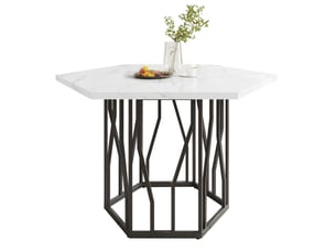 Table hexagonale moderne 115,5x100x75 cm, support en forme de branche, blanc et noir, panneau mdf imitation marbre (non en marbre)