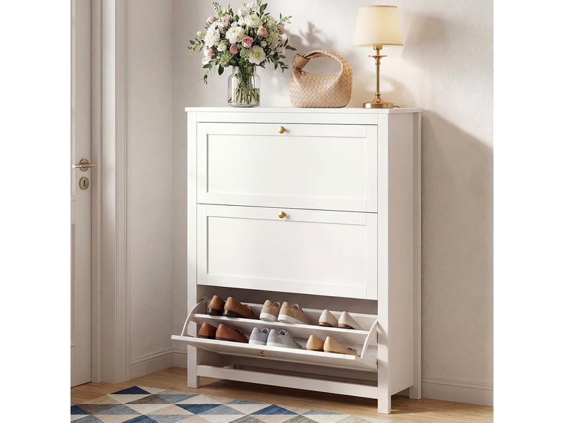  Meuble à chaussures étroit blanc de 90 cm de long avec 3 portes, idéal pour une entrée. Dimensions : 90 x 30 x 110 cm.  - Conforama B