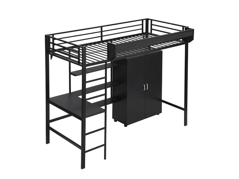  Lit superposé noir avec rangement, bureau et armoire 2 portes  - Conforama D
