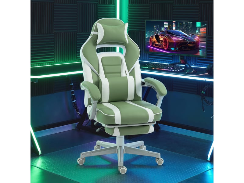  Fauteuil de jeu inclinable avec hauteur réglable, repose-pieds rétractable, soutien lombaire et appui-tête amovible - vert  - Conforama D