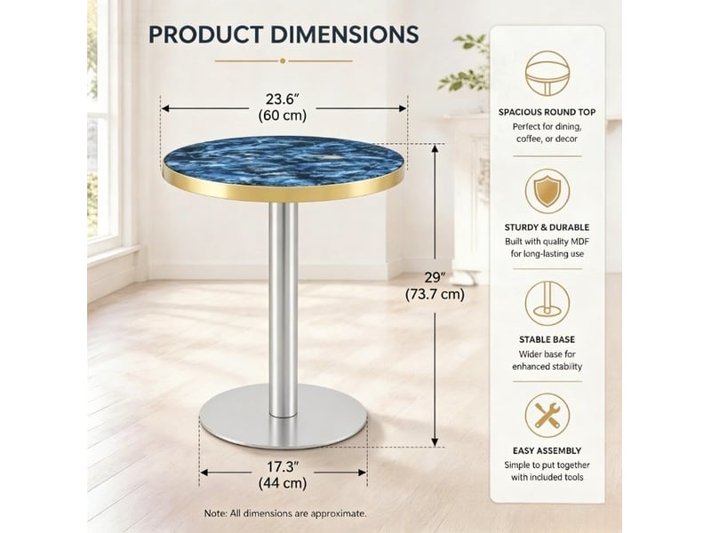  Table de salle à manger ronde avec pied central, effet marbre bleu et liseré doré pour petit balcon, ø 60 × 73,7 cm  - Conforama E