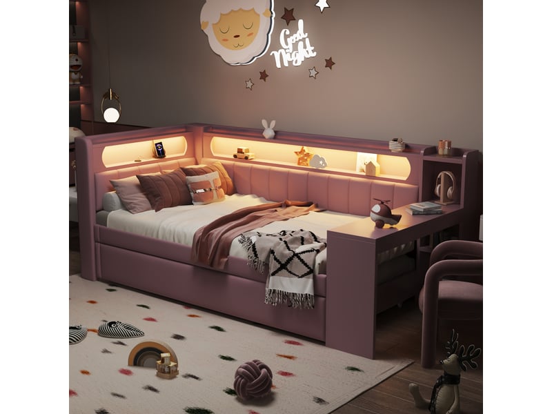 Lit tiroir gigogne 90x200 cm avec bureau, led 7 couleurs, ports usb, tissu lin rose, sans matelas - Conforama R