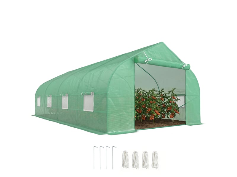 Serre d'environ 6 x 3 x 2 m, serre en aluminium avec porte enroulable, porte zippée, 8 fenêtres en filet, poteaux de support - Conforama A