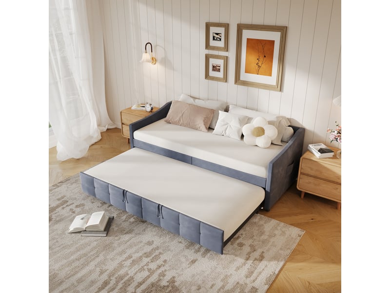  Lit banquette gigogne extensible 90 x 200 cm gris - canapé-lit en velours avec sommier à lattes et couchage double pour chambre d'amis  - Conforama E
