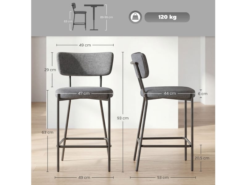  Tabourets de bar lot de 2 avec dossier incurvé, repose-pieds et pieds réglables en polyester gris  - Conforama B