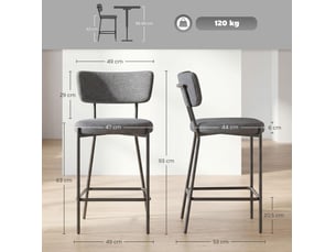 Tabourets de bar lot de 2 avec dossier incurvé, repose-pieds et pieds réglables en polyester gris