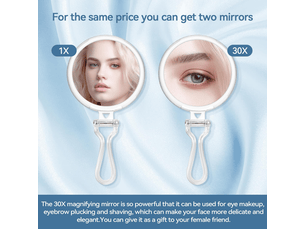Miroir de maquillage avec grossissement 30x, double face (1x30x), miroir à main avec poignée - miroir cosmétique pour les voyages