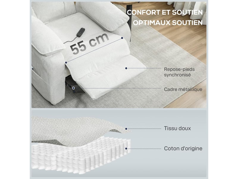  Fauteuil relax électrique inclinable en velours crème 86x90x103 cm  - Conforama E