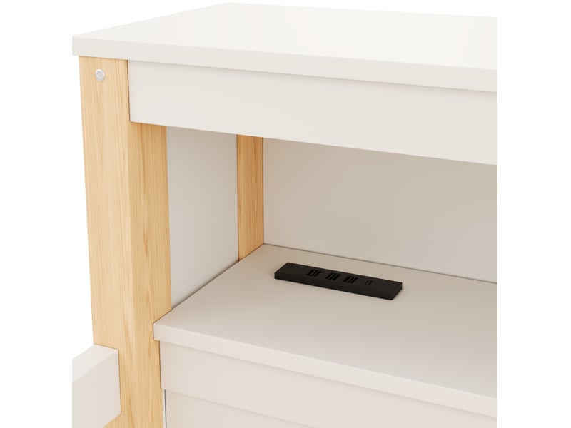  Lit semi-haut 90x200 cm avec bureau, rangements, led et ports usbusb-c, en bois et mdf blanc, sans matelas  - Conforama D