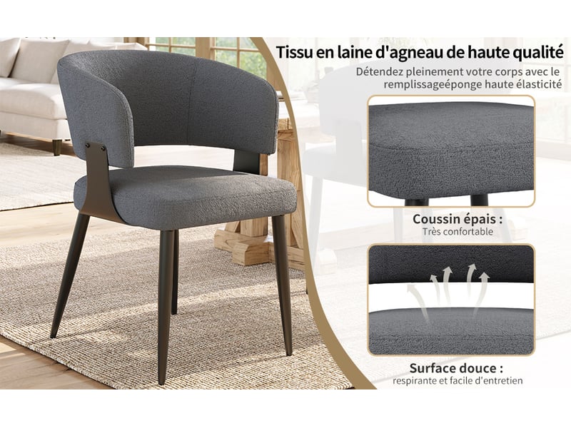 Chaise moderne lot de 6 avec dossier incurvé et assise en flanelle confortable, pieds métal - gris - Conforama E