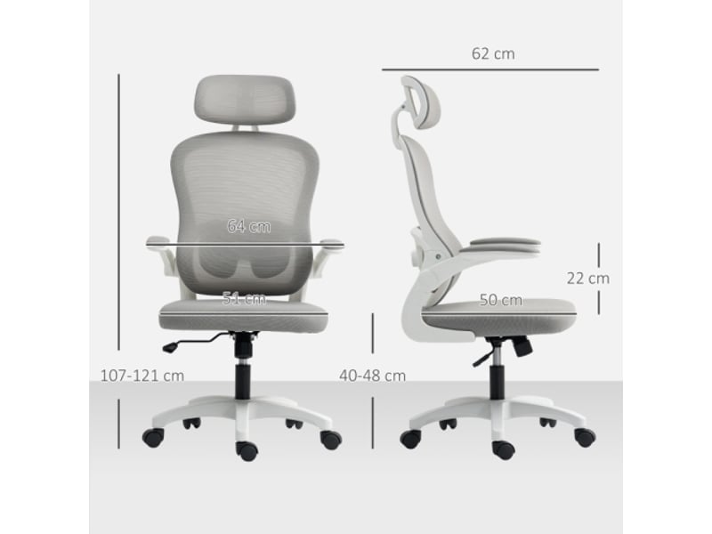  Chaise de bureau ergonomique en mesh, accoudoirs rabattables, 5 roulettes, inclinable, grise  - Conforama C