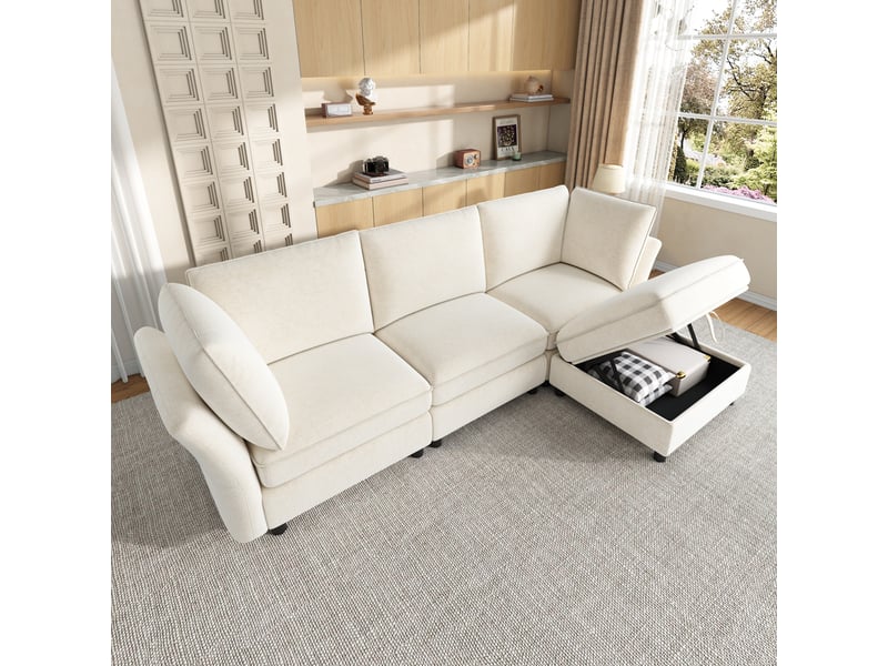  Canapé d’angle modulable l convertible 225 x 137 x 84 cm avec pouf coffre, 4 places, assise effet nuage, coussins d’accoudoirs, tissu chenille - beige  - Conforama B