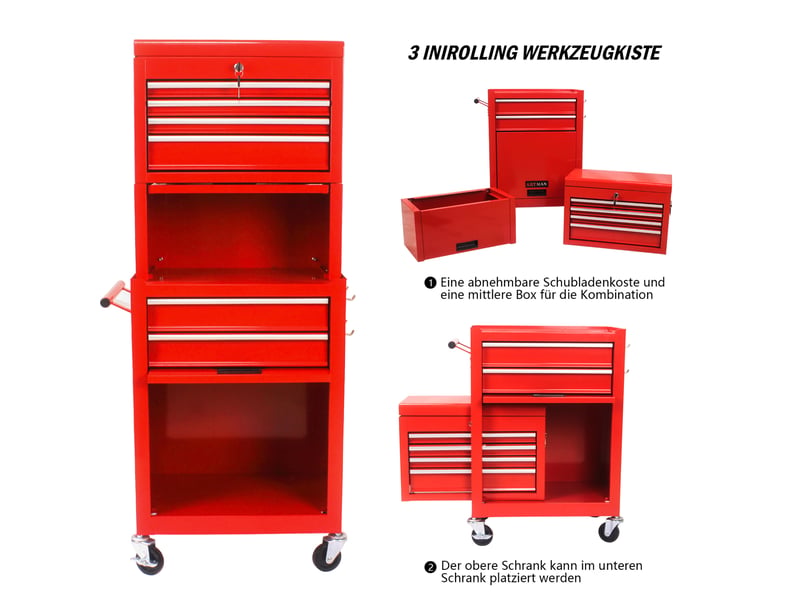 Meuble de rangement à 6 tiroirs avec verrouillage et roulettes pour garage et atelier en acier rouge  - Conforama D