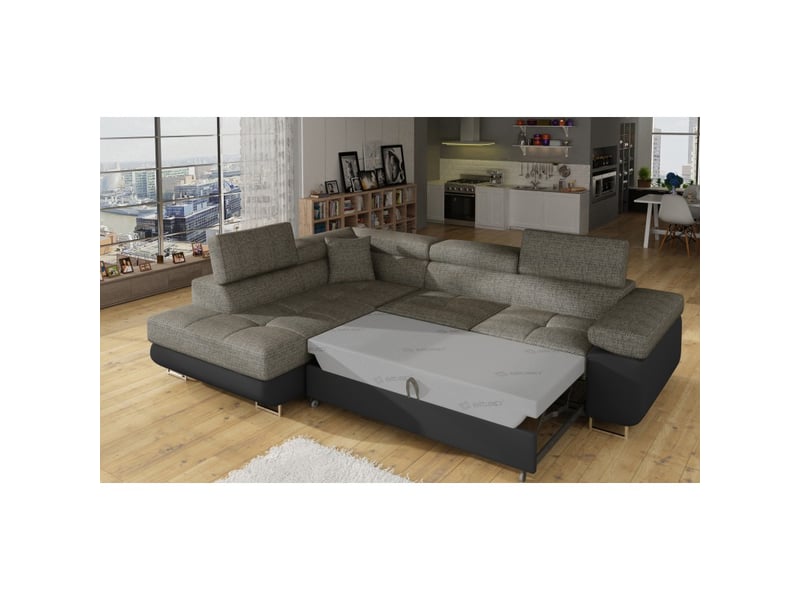 Canapé d'angle convertible menton gris et noir bouclé – angle gauche avec coffre - Conforama D