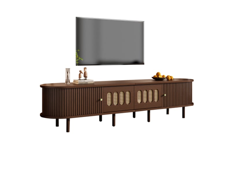 Meuble tv ovale 180 cm, noyer foncé, design rotin, mdf, 2 tiroirs, porte à volet roulant, 30 kg - Conforama D
