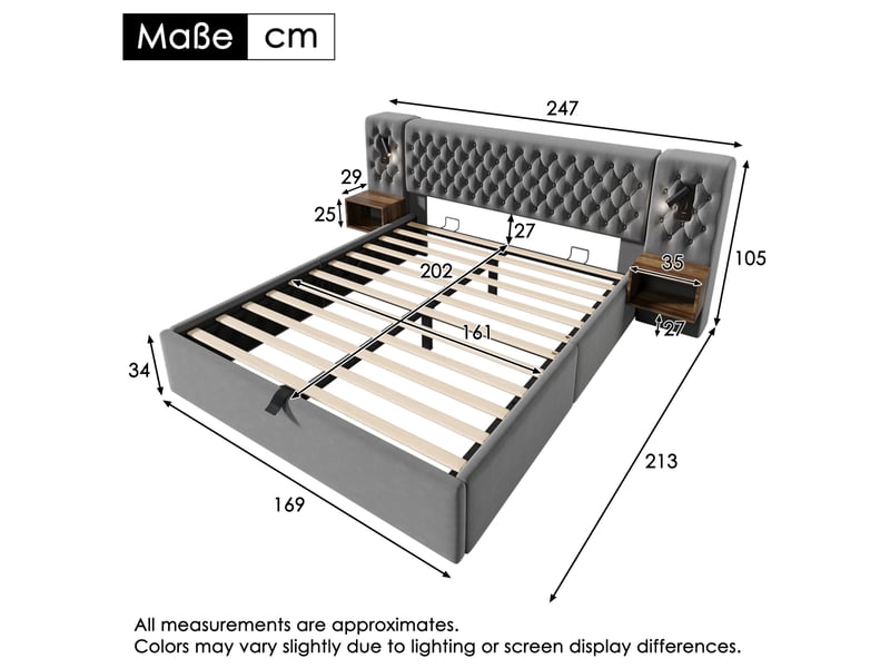  Lit coffre 160x200 avec matelas, 2 tables de chevet et liseuses gris cravdom  - Conforama E