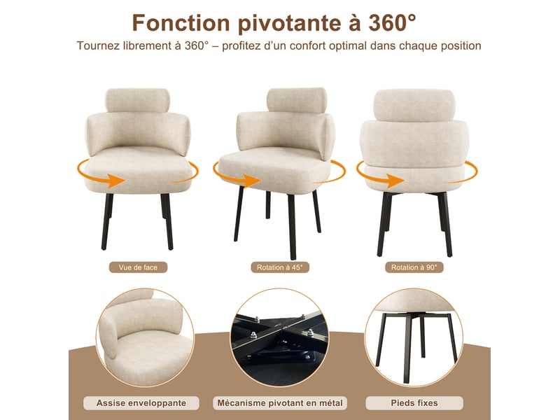 Chaise de salle à manger 56,5x46x89 cm pivotante 360° en métal et tissu couleur blanc crème, moderne  - Conforama E