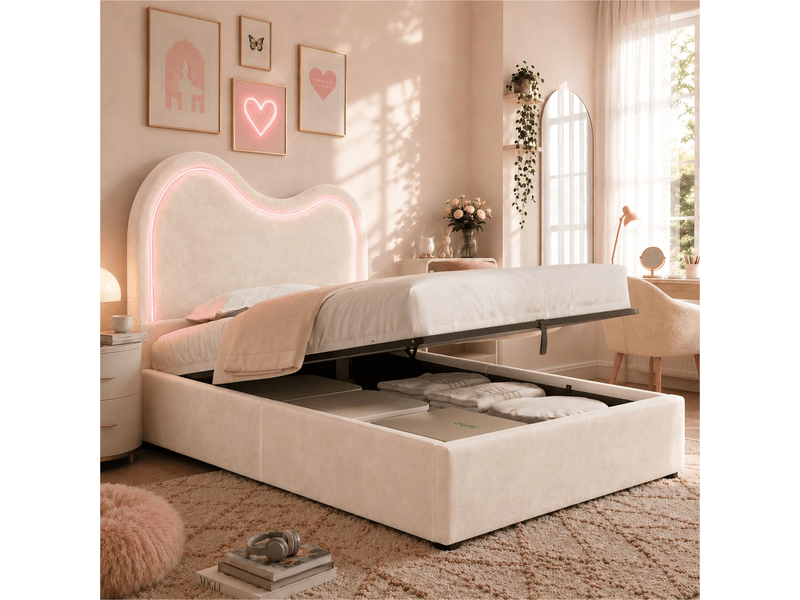  Lit enfant simple 90×200 cm avec coffre, led réglable et tête de lit - okmyhome- en velours beige, sans matelas  - Conforama B