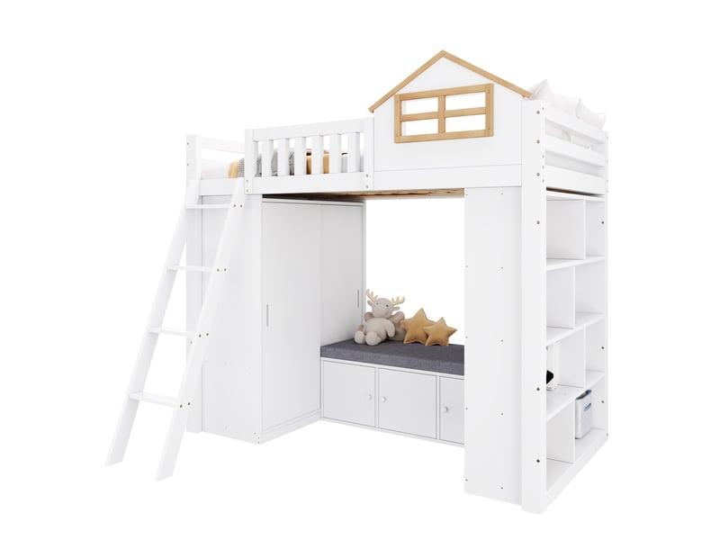  Lit mezzanine enfant 90 x 200 cm avec armoire, étagères et banquette blanc naturel  - Conforama A