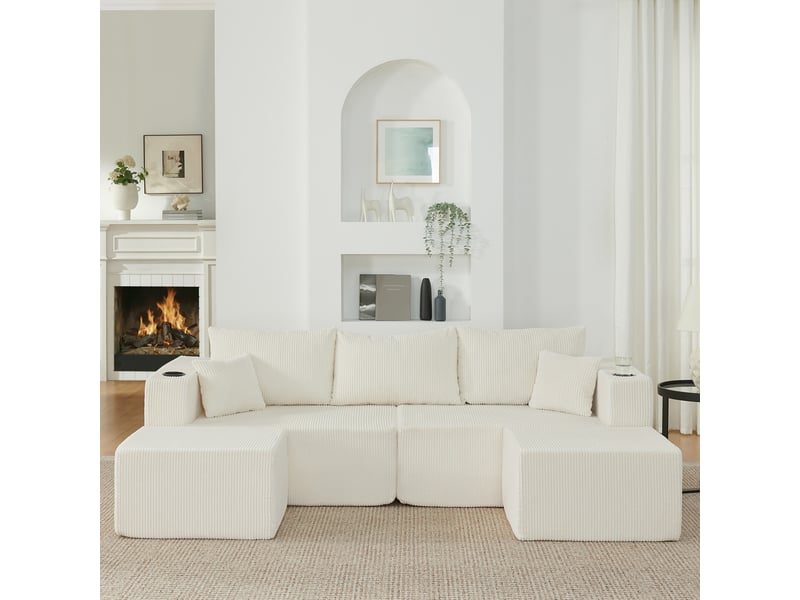  Canapé d'angle modulable 3 places en velours côtelé beige, avec 2 poufs, porte-gobelets, rangements, 300 kg  - Conforama W