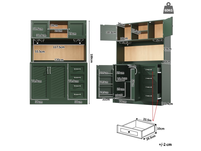  Buffet haut 120x40x188 cm avec led, 4 portes, 2 tiroirs et porte-verres vert  - Conforama C