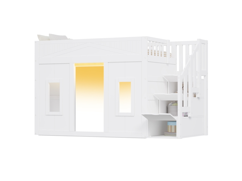 Lit mezzanine - 90x200 cm - escalier avec rangement - rangements intégrés - lit enfant - solution gain de place - pratique - blanc CozyNest - Conforama A