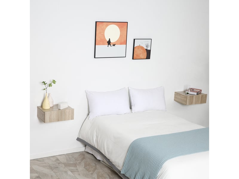  Ensemble de 2 tables de chevet suspendues avec 1 tiroir, fixation murale, style moderne, 40 x 30 x 15 cm, naturel  - Conforama D