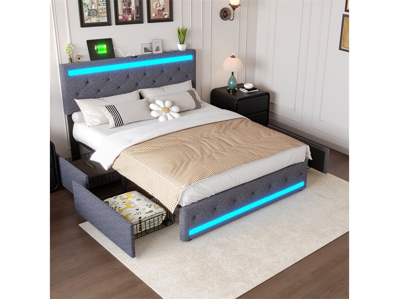  Lit 140x190cm - lit double 140x190cm avec 4 tiroirs - lit adulte rembourré en lin led prises usb type-c et sommier - gris  - Conforama D