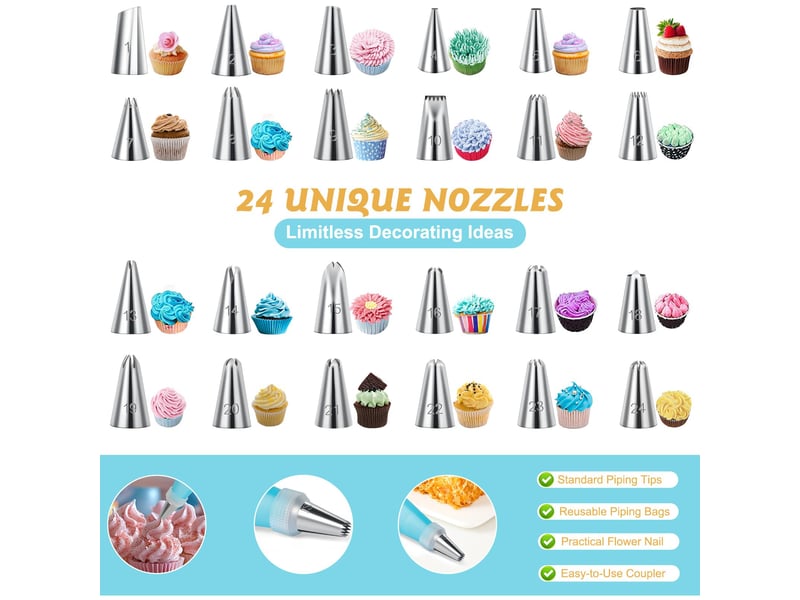  Poche a douille patisserie 34 pcs, 24 douilles en acier inoxydable, 2 poches à douille réutilisables en silicone, pour gâteaux, cupcakes, cookies  - Conforama C