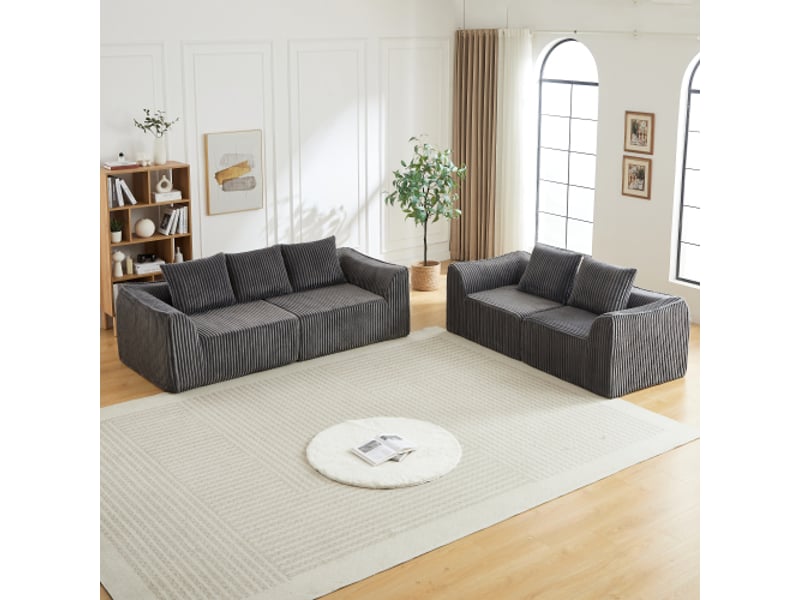  Canapé en velours côtelé, design minimaliste, lignes épurées, dossier incliné, 5 coussins inclus, salon moderne  - Conforama E