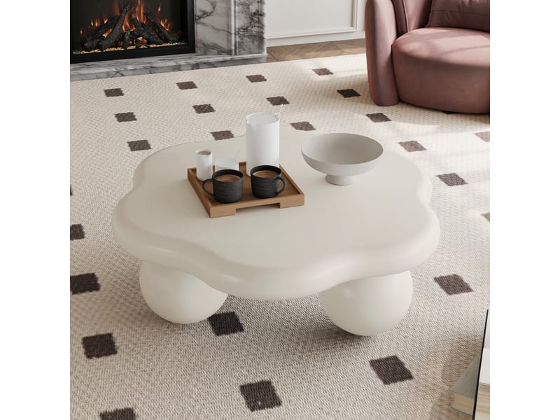  Table basse 80 cm, style moderne minimaliste, forme pétale, blanc crème, pieds sphériques, gain de place  - Conforama D