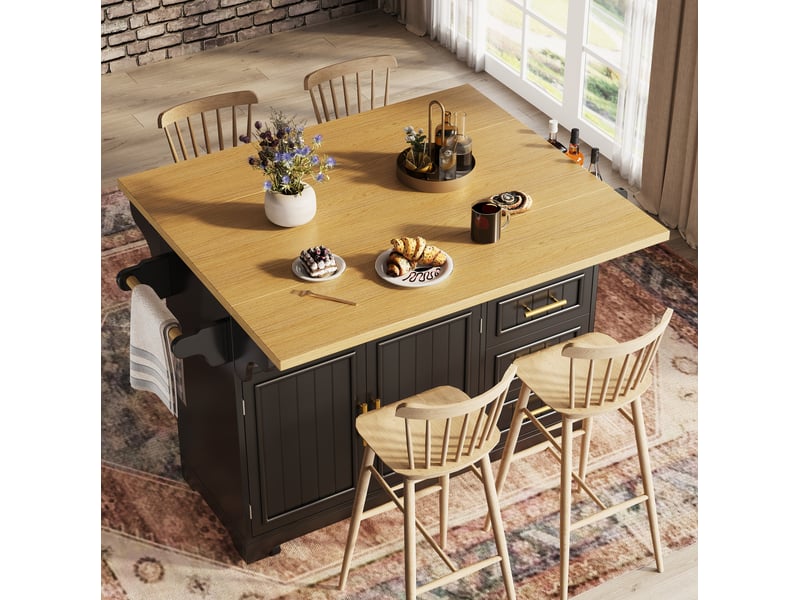  Desserte de cuisine à roulettes avec 3 tiroirs, étagères et plateaux rabattables, 120 × 40(80) × 95 cm  - Conforama C