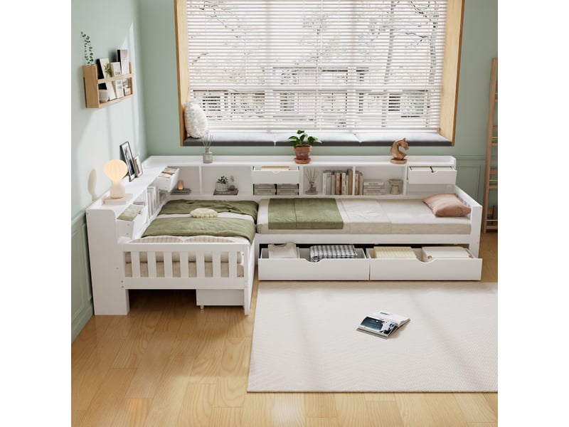  Lit enfant en l 90x200 cm, 2 couchages, espace de rangement, étagères et 3 tiroirs, en bois, blanc Bliss Lite - Conforama E