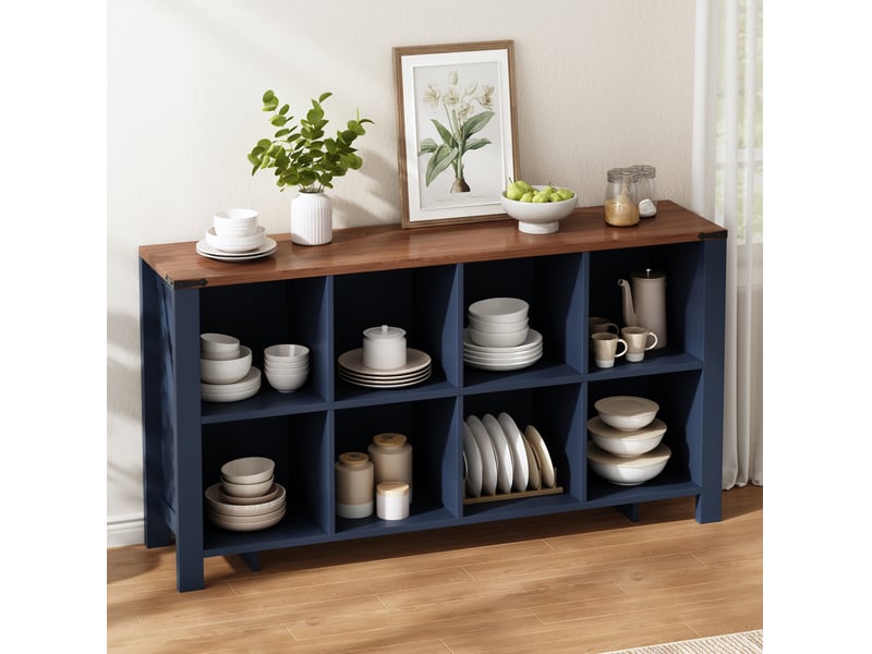  Meuble de rangement avec 8 niches ouvertes, en mdf bleu, pour cuisine, salon et salle à manger, 140 × 34 × 75 cm  - Conforama B