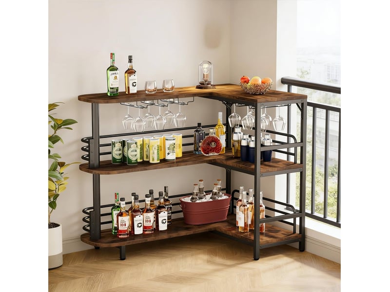  Table de bar d'angle 120x90x110 cm noir et brun rustique avec rangements  - Conforama E