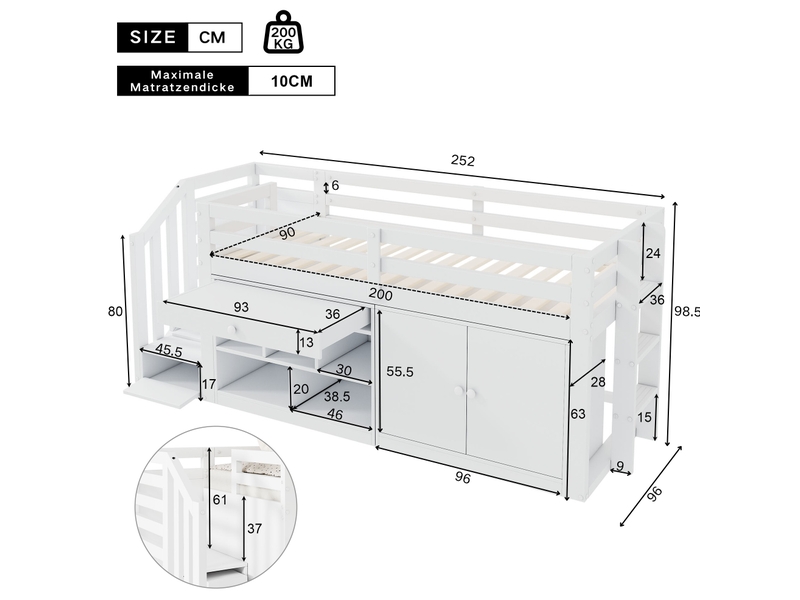  Lit enfant multifonctionnel 90x200 cm rangement tiroirs convertibles escalier réversible bois blanc sans matelas  - Conforama C
