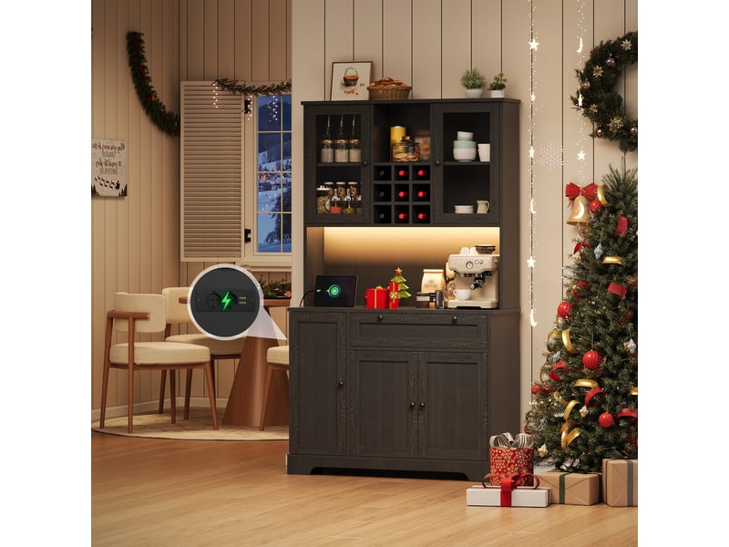  Vitrine de cuisine haute avec led et prise, armoire de rangement avec range-épices et étagères réglables, buffet vaisselier, 180 × 105 × 40 cm, noir CARDUME ESTIVAL - Conforama D